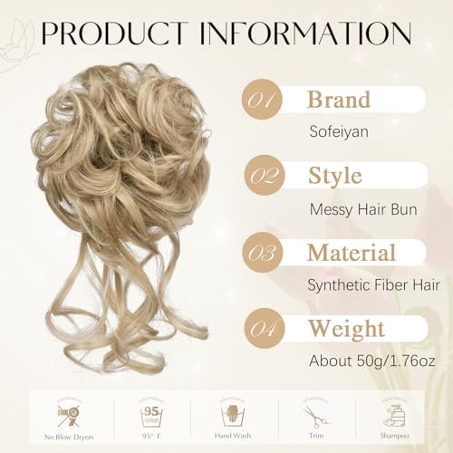 Sofeiyan Messy Bun Hair Piece Curly Wavy Hair Bun Extensions Synthetic Tousled Updo with Tendrils Hairpieces Bun Donut Accessories Scrunchies for Women Light Ash Brown Mix Bleach Blonde - Image 2