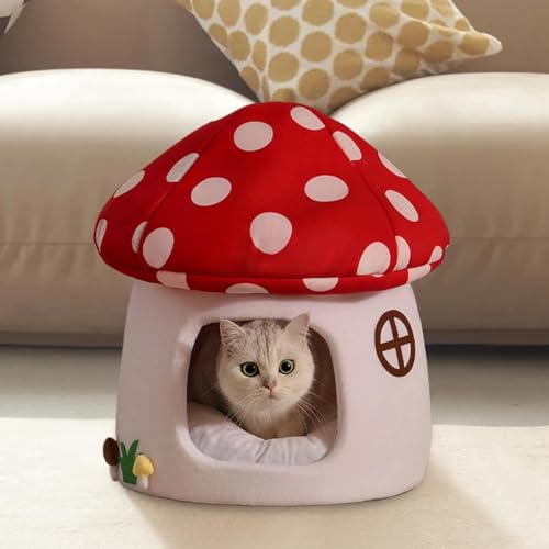 Panier pour chat fermé forme champignon lit douillet amovible lavable