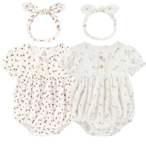 Image of Ruliby Baby Girl Clothes Cotton Bubble Romper Floral Bodysuits Infant Outfit Set