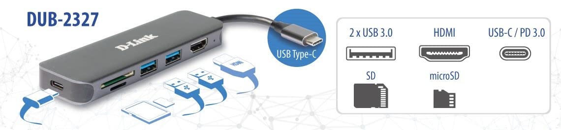 D-Link DUB-2327 Hub USB-C 6 w 1 z zasilaczem (PD 60W), HDMI 4K, 2 porty USB 3.0, czytnik kart SD/MicroSD do komputerów PC, MacBook Pro, MacBook Air, iPad Pro, Chromebook, Surface Pro i innych