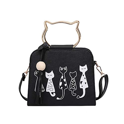 Bolsos Bandolera Gato de Mujeres de PU de Moda Bolsos Hombro Pequeño de Señora Retro Simple Atmósfera Bolsos Totes Color Sólido Salvaje Bolsos de Mano Lindo de Señoras para Diario y Ocio (Negro)