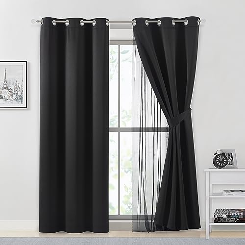 Image of Bujasso Black Full Blackout Curtain Panels with Sheer Overlay Mix and Match Double Layer Thermal Insulated Window Treatment Set for Living Room Black Drapes with Tiebacks Grommet Top 37 inch Wx95 Lx2