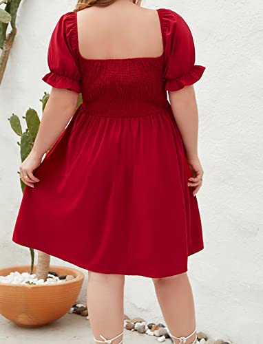 Women\'s Plus Size Summer Square Neck Ruffle Smocked Swing Midi Dress with Belt Wine Red 2X