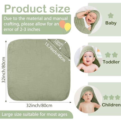 Image of Peryiter 4 Pcs Muslin Hooded Baby Towels, 32 inchx 32 inch Cotton Newborn Bath Towel Muslin Infant Baby Blankets Absorbent Unisex Newborn Registry Gift Essentials for Girls Boys (Green,Gray,Beige)