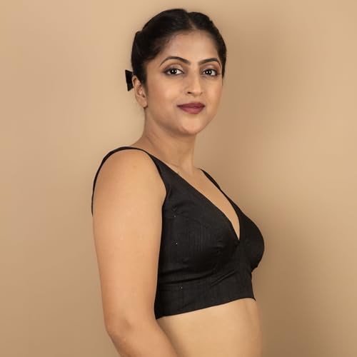 Image of FIGURE'S DESIGNER Women's Dupion Raw Silk Sleeveless V Neck Sabyasachi Cut Readymade Saree Blouse Padded Stitched S4