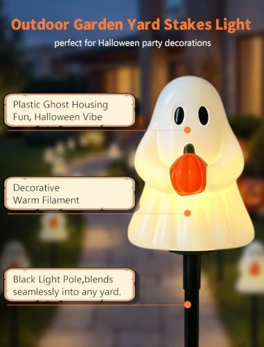 Txcigech 7FT Halloween Ghost Pathway Lights Outdoor Plug-in - 4 Cute Ghost Holding Pumpkin Stake Lights with C7 Bulbs, Connectable Waterproof Walkway Lawn Yard Lights - 5