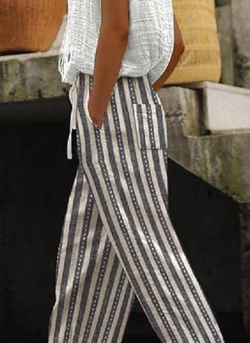 Women's Grey White Striped Wide Leg Drawstring Waist Casual Trousers 2025 Spring Summer Stylish Loose Pants3