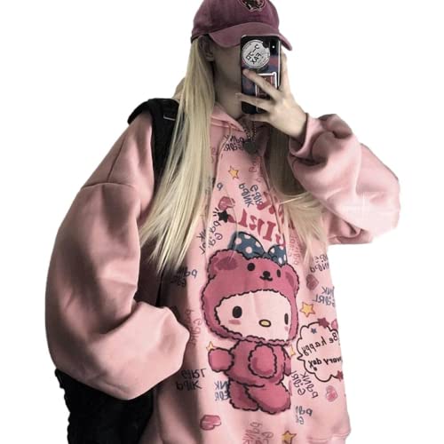 fdsow Y2K Anime Hoodie Women Plus Velvet Thickening Kawaii Fashion Sweatshirt Korean Long Sleeve Print Tops Vintage Oversized Cute Hoodie,Pink,XL