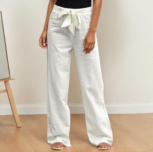 TIAFORD Women's Summer Casual Cotton Linen Pants Loose Wide Leg Beach Vacation Palazzo Pants Belt with Pockets2