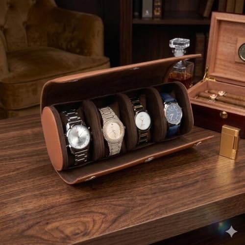 Image of essart Travel Watch Roll Case 4 Slots - Portable Luxury Watch Organizer & Storage Box for Men & Women
