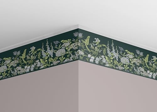 AG Design Selbstklebende Bordüre Wickenblüten auf Braunschweiger Grün, AWB 8524 | Wasserfest Dekoration für Wände, Möbel, Tapeten, Wandverkleidungen und Türen, Folie | Breite 500 cm x Höhe 13.8 cm