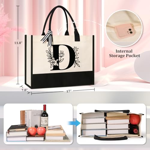 Image of Tecanne Personalized Initial Canvas Tote Bag, Suitable for Birthday, Wedding, Beach, Holiday, Gifts for Women, Mom, Teachers, Nurses, Best Friends, Bridesmaids (D)