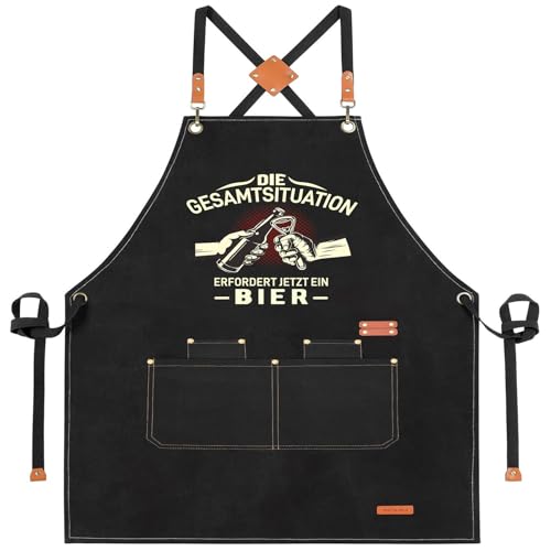 XCSJKJ Grillschürze für Männer Kochschürze Herren Schürze lustig, Grill schürze für Männer küchenschürze Herren personalisiert mit 4 Taschen ERFORDERT JETZT EIN BIER (Kreuzriemen-Stil)