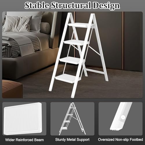 DIAMONDFORGE 4 Step Ladder, Folding Step Stool & Collapsible Stool for Kitchen, 330lbs Capacity with Wide Anti-Slip Pedal & Feet, Sturdy Steel Step Ladder for Home and Office, White by DIAMONDFORGE - Used condition - Image 5