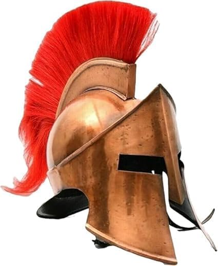 Medieval 300 Movie King Leonidas Spartan Helmet for Cosplay Iron Copper Finish Battleworn Replica Helmet with Red Plume Historical Greek Warrior Armor Costume Accessory for Adults