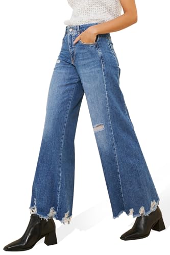 Women's High Waisted Wide Leg Jeans Ripped Distressed Frayed Raw Hem Denim Pants 2025 Trendy3