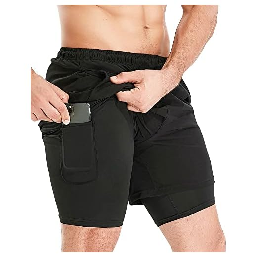 HOPLYNN Herren 2 in 1 Shorts Sommer Schnelltrocknende Laufshorts mit Taschen Sport Kurze Hosen Fitness Laufhose Schwarz L