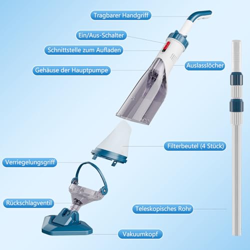 Enhulk Poolsauger Akku, Pool Bodensauger mit Betriebsdauer bis zu 60 Minuten, 222cm Teleskopstange, Poolreiniger mit 4 Filter, Absaugung bis zu 4200L/H, Ideal für oberirdische Pools/Spas usw, Blau