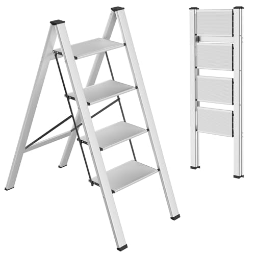TLGREEN Alu Trittleiter 4-Stufen-Leiter Klappleiter Rostfeste rutschfeste Stehleiter Haushaltsleiter Multifunktionale Tritthocker Licht Platzsparend bis 150kg Belastbar für Küchen Haushalt Außen Büro