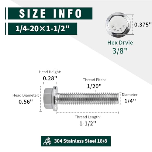 Image of 1 /4-20 x 1-1 /2 inch Flanged Hex Head Bolts Screws, 304 Stainless Steel 18-8, Full Thread, Coarse Thread, 20 PCS