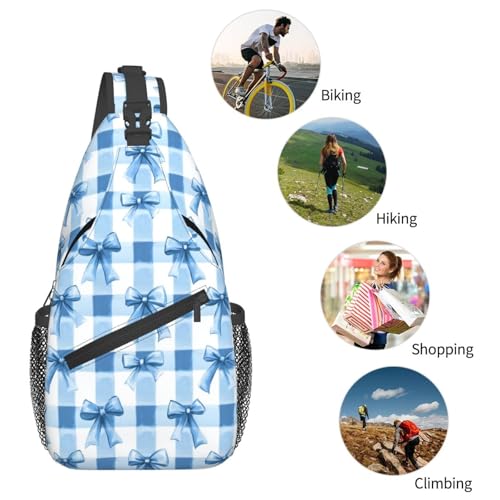 Image of SUPLUCHOM Sling Bag Blue Bows Check Hiking Daypack Crossbody Shoulder Backpack Travel Chest Pack for Men Women