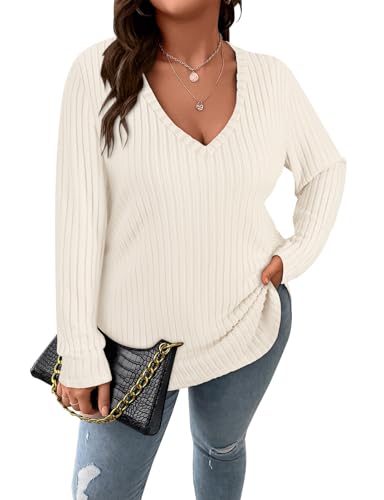 Image of Koscacy Women Plus Size Casual Knit Sweater V Neck Solid Color Tops Lightweight Long Sleeve Blouses