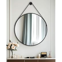 Hanging Wall Mirror with Strap Round Bathroom Vanity 32in Black Frame
