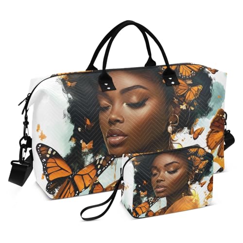 Afro Woman Butterflies Travel Duffel Bag Gym Bag Sports Tote Bag with Multiple Interior Pockets Shoulder Weekender Bag for Women Men with Toiletry Bag 20.5”x 7.9”x 13.8”