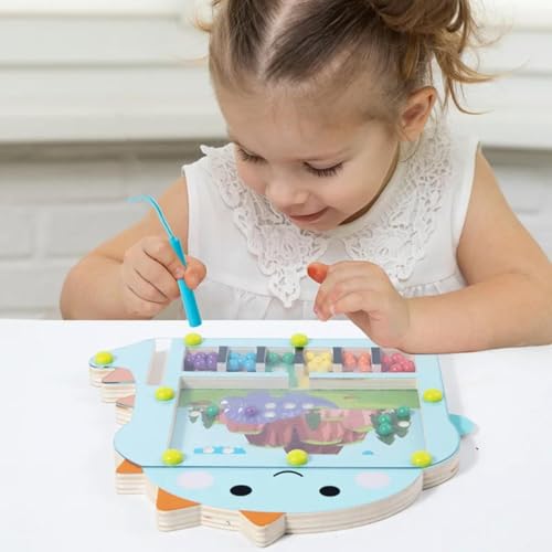 Image of GETT, Educational Toy Magnetic Bead Maze Puzzle Board with Flash Cards Wooden Baby Dinosaur Magnetic Maze, Medium, Blue