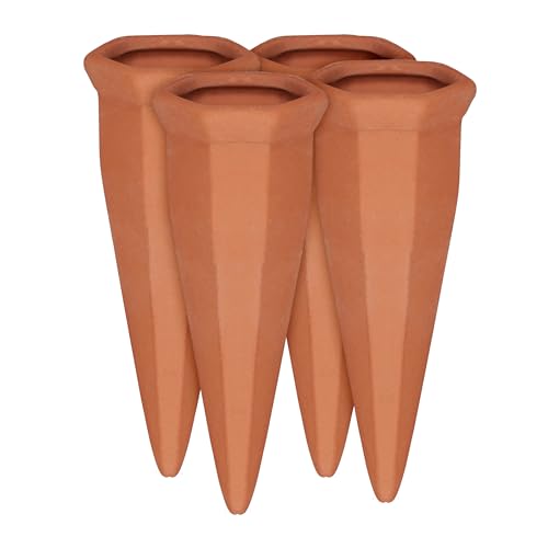 Relaxdays Tonkegel Bewässerung 4er Set, Pflanzen Wasserspender Ton, Wein und PET Flaschen Bewässerungskegel, Terracotta