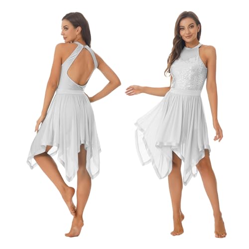 Lyrisches Tanz Kostüm für Damen Ärmelloses Neckholder-Pailletten-Ballettkleid for Damen, lyrisches Tanzkostüm, asymmetrisches Mesh-Jazz-Kleid for...