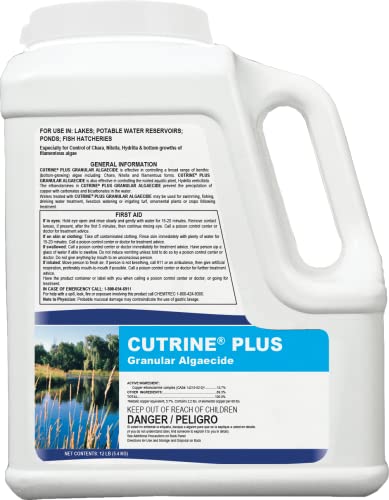 Cutrine-Plus Granular Algaecide - 12 lbs EPA-Approved Copper Formula for Spot Treatment of Chara Filamentous and Planktonic Algae - Fast-Acting Safe for Lakes Ponds Livestock and Irrigation Use