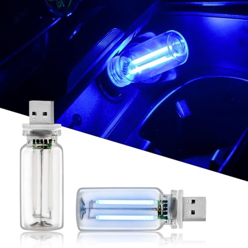 GSOWO 2PCS USB Lights for Car Touch Adjustment Lights Plug in USB Vehicle Interior Ambient Light Mini LED Retro Bulb Glass Bottle Night Light for Camping Holiday Decoration Party Bedroom (Blue)