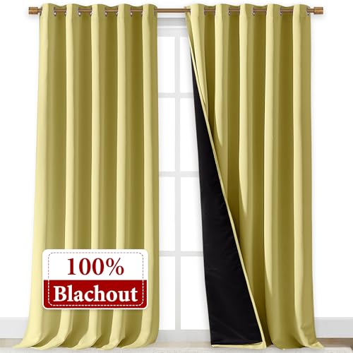 Image of NICETOWN 100% Blackout Blinds, Laundry Room Decor Window Treatment Curtains for Large Patio Sliding Door, Thermal Insulated Paler Yellow Curtains for Bedroom, Set of 2, 70 inches x 108 inches