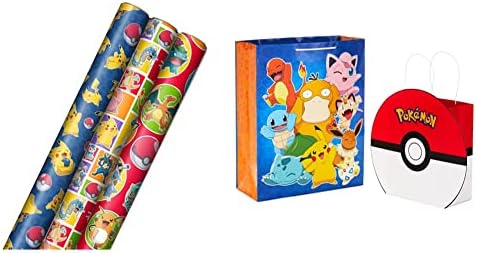 Hallmark Pokémon Wrapping Paper with Cutlines on Reverse (3 Rolls: 60 Sq. Ft. Ttl) & Pokémon Gift Bag Bundle (9" Medium PokéBall and 15" Extra Large Pikachu), Halloween