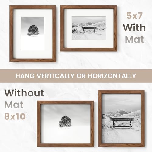 Image of 8x10 Picture Frame, USA-Sourced Natural Walnut Wood Photo Collage Frame with HD Tempered Glass, Modern Simple 8 x 10 Wooden Frame Matted to 5x7, Gallery Wall Frames for Art, Wall or Tabletop Display