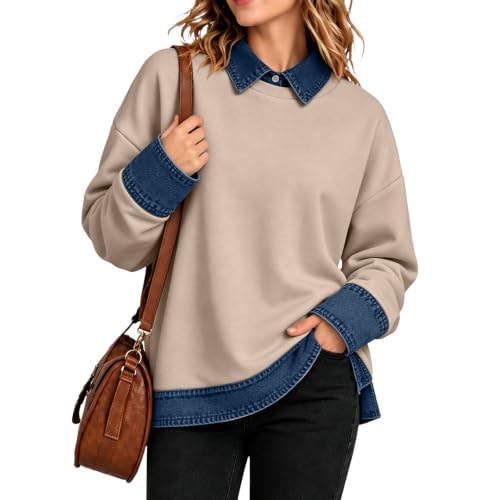 Womens Polo Shirts Button Denim Patchwork Collared Long Sleeve Tops - image 4