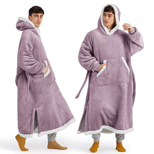 Image of Bedsure Wearable Blanket Hoodie, Long Hooded Blanket Sweatshirt as Christmas Birthday Gifts for Men Cozy Sherpa Hoodie for Adult, Oversize, Lavender
