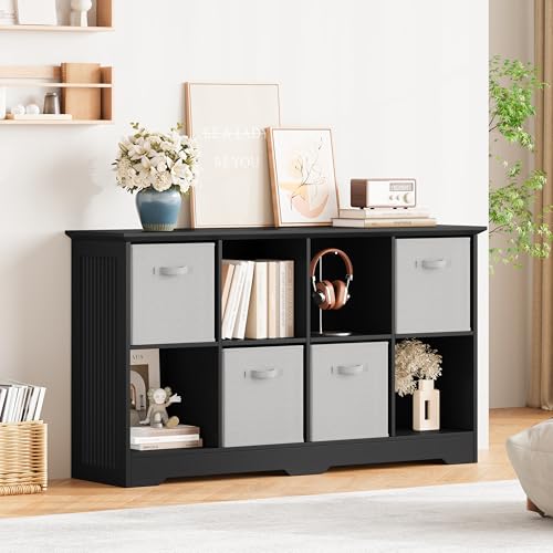 Image of 8 Cube Storage Organizer Shelf, Wood Cubby Storage with 4 Fabric Drawers, 2 Tier Wooden Bookshelf with 2 Adjustable Shelves & Fluted Side Panels for Bedroom, Living Room, Home Office, Black