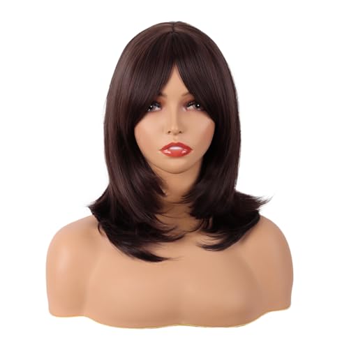 MapofBeauty 18 Inch/45 cm Layered Bangs Straight Synthetic Fiber Shoulder Length Hair Daily Use Wig (Dark Brown)