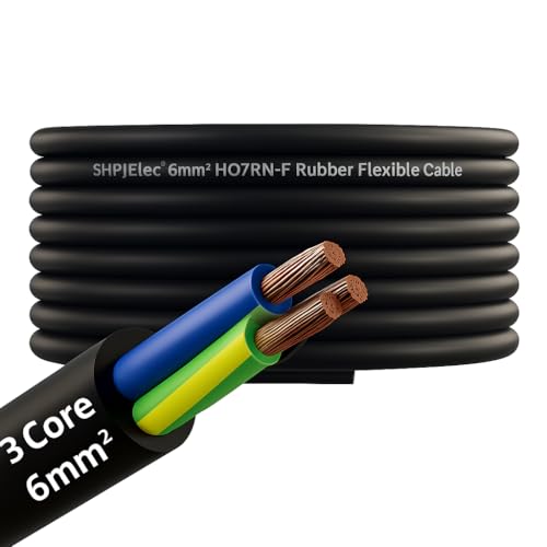SH|P® 6mm² H07RN-F Rubber Flexible Cable – 3 Core Heavy-Duty Power Cable for Cooker, Garden, EV, Industrial Use – Black, Oil & UV Resistant – Sold Per Metre (1 Qty = 1m, Continuous Length)