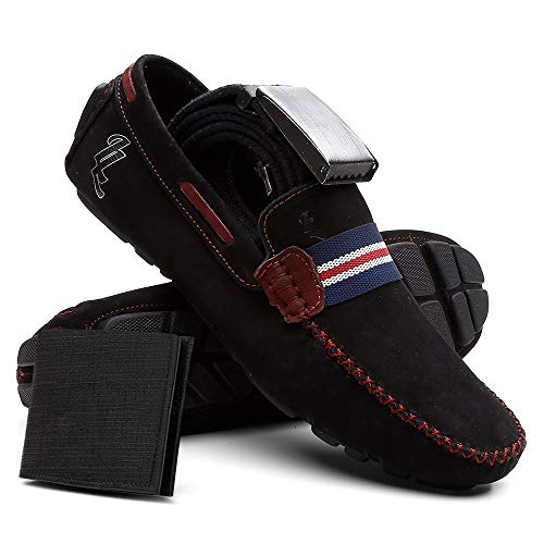 Mocassim Casual Masculino Sapato De Couro + Cinto e Carteira - Preto/41