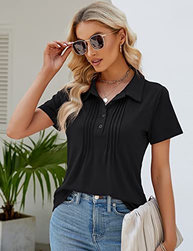 Luyaa Summer Collared Polo Shirt For Women V Neck Top Casual Short Sleeve Blouses Tunic Black L #TOP1