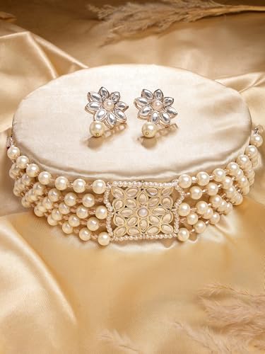 Image of Karatcart Pearl Multilayer Beaded Choker Necklace Set for Women