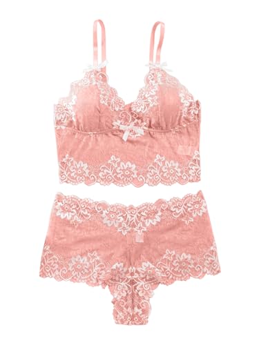 Image of Lilosy Sexy Lingerie for Women Lace Pajamas Set Cami Bra and Panty High Waist Sheer Sleepwear 2 Piece 2XS-6XL