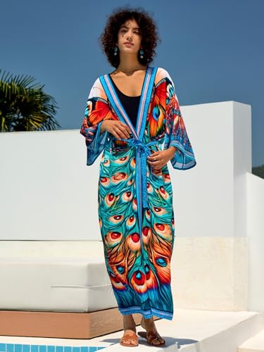 Image of Women's Kimono Cover Up Long Beach Dress Swimsuit Cover Ups Colorful Cardigan Lightweight Robe for Swimwear