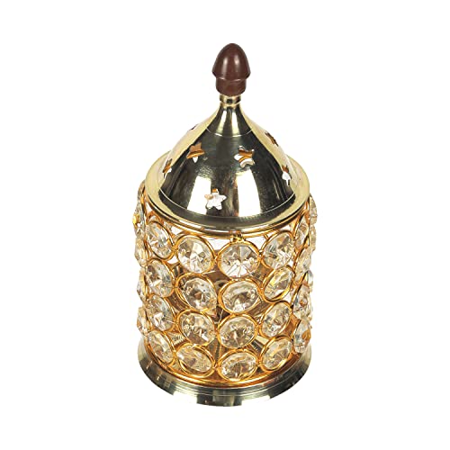 Image of Klassic Decor Brass and Crystal Horizontal Shape Akhand Diya /Table Deepak /Oil Lamp with Plastic knob, Medium Size (Pack of 1, Golden)