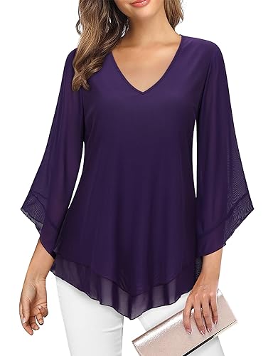 Gemulate Ladies Tops Womens Top Ruffle 3/4 Sleeve Blouse Dark Purple Loose Flowy V Neck Chiffon Tops for Women UK Double Layers Mesh Shirts Dark Purple, XL