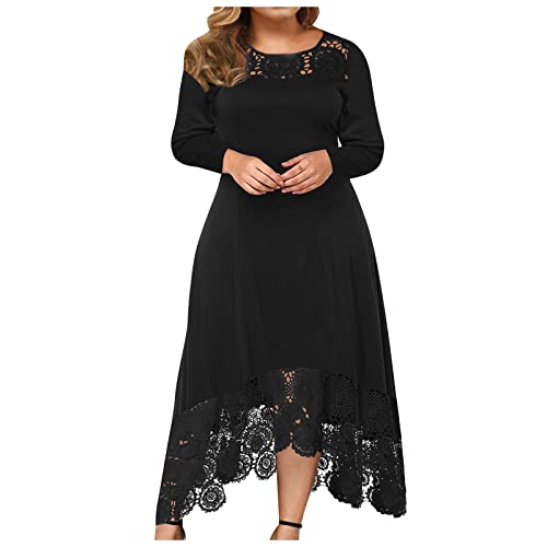 Vasreyy Damen Kleider Plus Size Elegant Herbst Winter Spitze Patchwork Kleid Rundhals Übergröße Langarm Abendkleid Knöchel Partykleid Unregelmäßigem Saum Blusenkleid Große Größen Gradient/Einfarbig Cover
