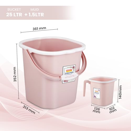 Image of RATAN PLASTICWARE Premia Bathroom Set (Bucket 25L X 1) + (Mug 1.5L X 1) + (Small Stool X 1) - Diaso Pink|Light Weight and Easy to Carry|Perfect for Use in Bathrooms, Kitchen & Wet Utility Areas